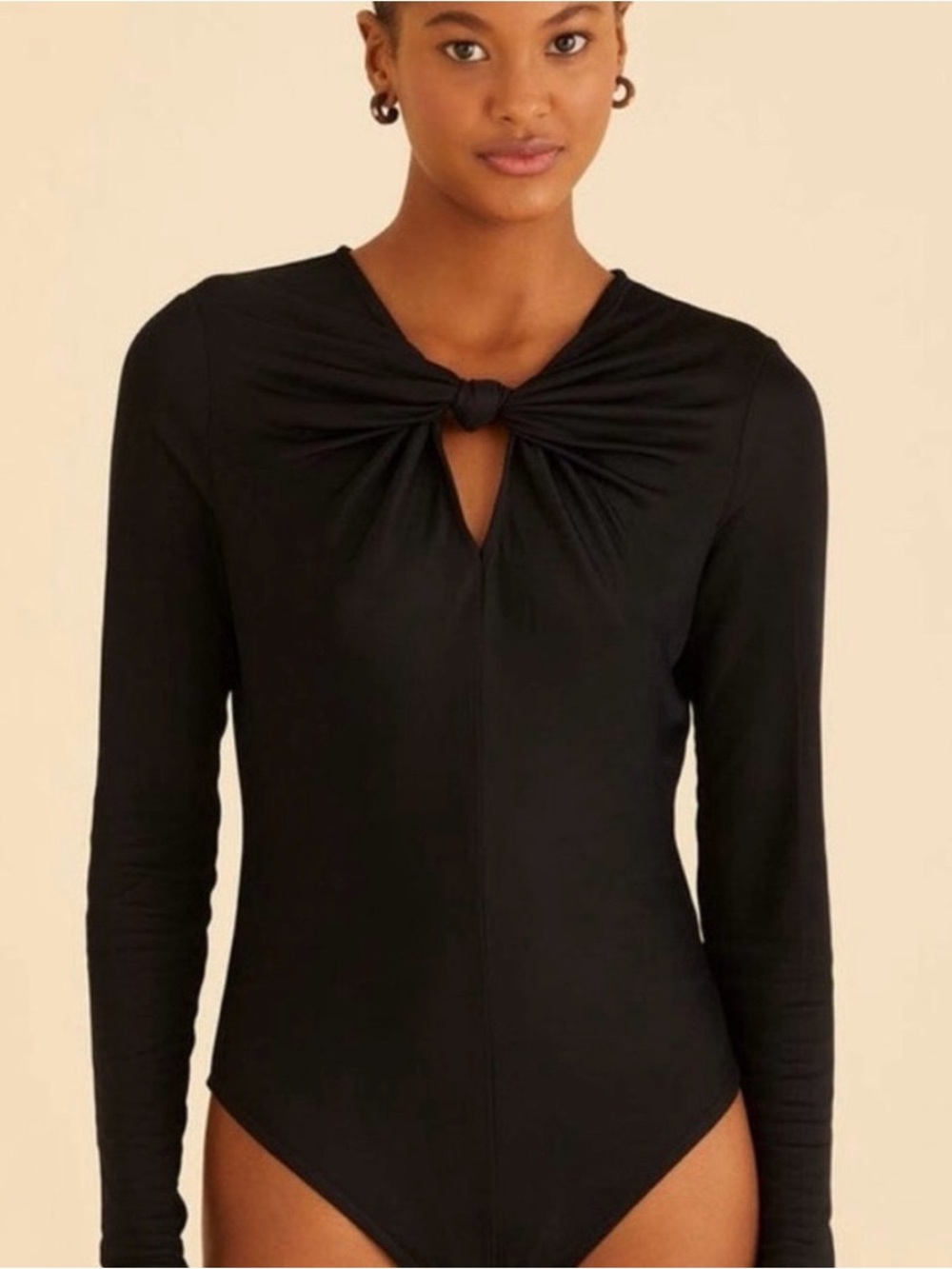 FARM Rio Black Long-Sleeve Knot-Front Bodysuit